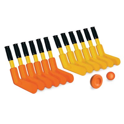 Ensemble de 12 bâtons de joueur de mini-hockey Dom® «Supersafe» avec balle et rondelle, 28 cm (11")